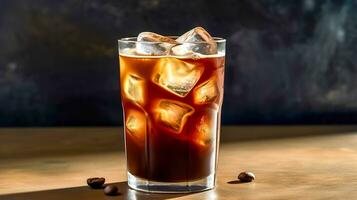 delicious iced coffee with ice in a glass, made with Generative AI photo