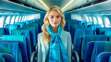 beauteful young stewardess on blue board the modern plane, made with Generative AI photo