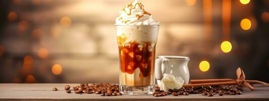 vanilla delicious iced coffee with ice, milk and whipped cream, banner with copy space made with Generative AI photo