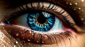attractive close-up of a human eye with a tear drop, made with Generative AI photo