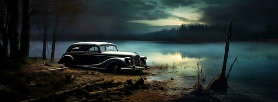 retro old car on the shore of the lake at sunset, banner made with Generative AI photo