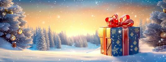 blue gift box tied with a red bow with a Christmas present, winter snowy forest, banner with copy space made with Generative AI photo