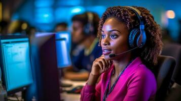 african young woman with headset in call center, made with Generative AI photo