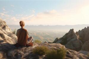 Woman In Lotus Pose Sittting Toward The Sun in the Mountains. Sunrise Meditation. AI Generative photo