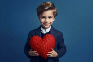 rubio preadolescente chico vestido en Moda traje es posando en azul antecedentes. san valentin día celebracion. ai generativo foto