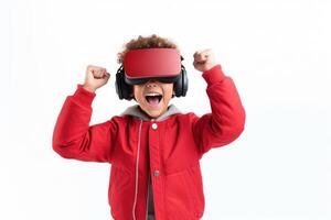 African American Kid is Having Fun in VR Glasses. Game Playing or Modern Education. photo