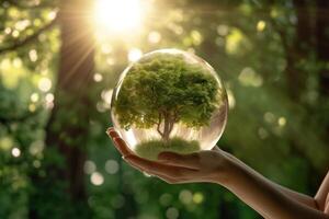 Large Tree With Branchy Green Crown in a Glass Sphere On the Palms of a Woman. AI Generative photo