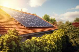 grande solar panel en el techo de el cabaña. concepto de barato limpiar energía. ai generativo foto