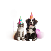 chien et chat avec fête chapeau et ballons ai généré png