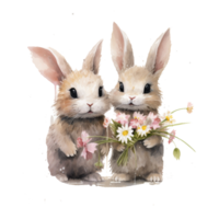 mignonne petits lapins en portant fleur dans humide png