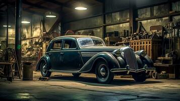 luxury veteran car in garage with workshop, made with Generative AI photo