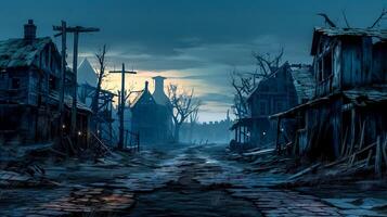 old destroyed haunted city at night, made with photo