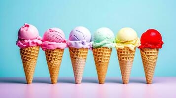 delicious collection of multi-colored ice cream of various flavors in a waffle cone, banner made with Generative AI photo