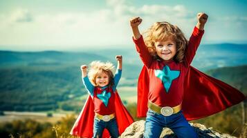 pequeño niña y chico en superhéroe ropa en montañas en naturaleza, hecho con generativo ai foto