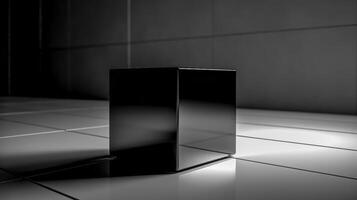 dark glass cube reflects light and creates geometric shadows, made with photo