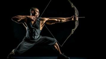 atleta arquero competencia en Deportes tiro al arco, bandera con negro antecedentes hecho con generativo ai foto