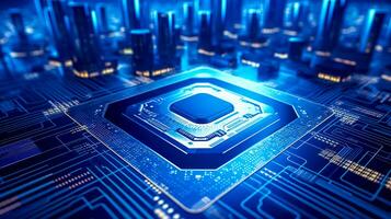 blue circuit board. a digital chip on the motherboard of an electronic device, made with Generative AI photo