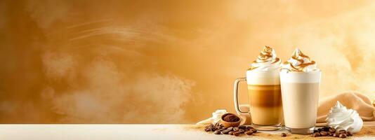 delicious iced coffee with ice, milk and whipped cream, banner with copy space made with Generative AI photo