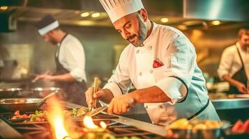 el cocinero es preparando un plato en el cocina, hecho con generativo ai foto