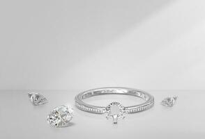 blanco oro o plata anillo sin piedra preciosa y redondo diamante con reflexión en un antecedentes foto