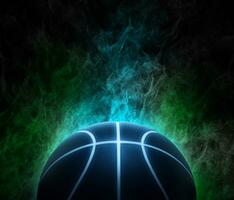 basketball with bright blue glowing neon lines on the color smoke background photo