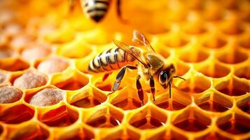 the bee stores honey in the comb in the hive, the honey comb, made with Generative AI photo