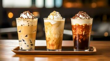 con hielo café, frapé y caliente chocolate con azotado crema en un vaso en un cafetería, hecho con generativo ai foto