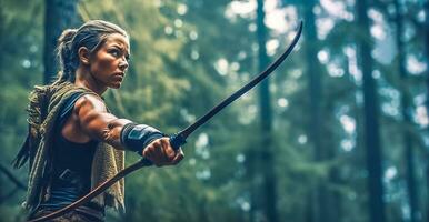 archery, amazon woman with bow in forest, banner with copy space made with Generative AI photo