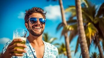 smiling handsome happy man with a glass of beer on the beach, made with Generative AI photo