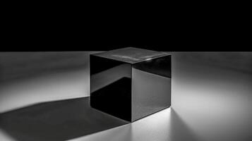 dark glass cube reflects light and creates geometric shadows, made with photo