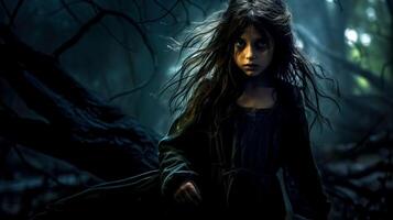 art fantasy portrait of a girl lost in a fairytale forest, a little witch, made with photo