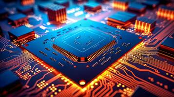 circuit board. a digital chip on the motherboard of an electronic device, made with Generative AI photo