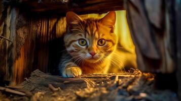 rojo gato esperando en ocultación para presa, caza bestia, hecho con generativo ai foto