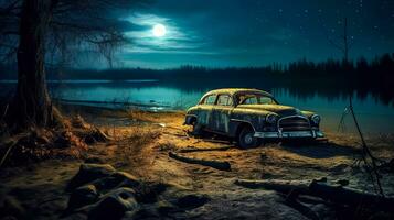 retro old car on the shore of the lake at evening, banner made with Generative AI photo