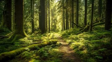 footpath in the old green forest, made with Generative AI photo