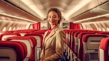 retrato de bonito sonriente azafata en tablero el avión, hecho con generativo ai foto