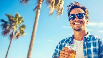 young smiling handsome happy man with a glass of beer on the beach, made with Generative AI photo
