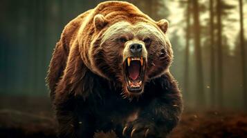 enojado corriendo marrón oso en el bosque, hecho con generativo ai foto