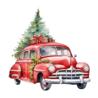 Cute christmas watercolor red retro car with christmas tree lies on it isolated png