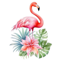 Cute watercolor flamingo with tropical flowers isolated png