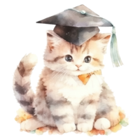 Cute watercolor cat in graduarion cap isolated png