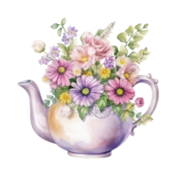 Watercolor teapot with flowers isolated png