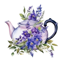 Watercolor teapot with flowers isolated png