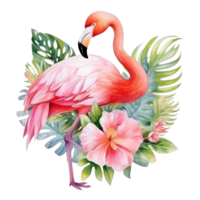 Cute watercolor flamingo with tropical flowers isolated png