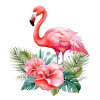 Cute watercolor flamingo with tropical flowers isolated png