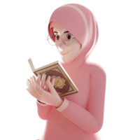 cute character of young muslim woman with reading holy quran 3d illustration png