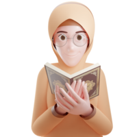 joven musulmán mujer personaje con leyendo santo Corán 3d ilustración png