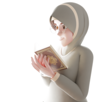 ung kvinna läsning quran 3d tecknad serie illustration png