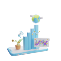 Dashboard analysis with globe chart graph on smartphone screen, illustration of global business graphic growth statistics, 3D icon. png