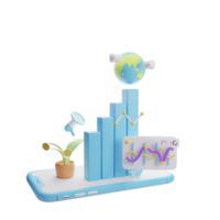 painel de controle análise com globo gráfico gráfico em Smartphone tela, ilustração do global o negócio gráfico crescimento Estatisticas, 3d ícone. png